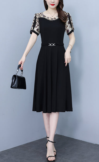 Women's Short Sleeve Pocket A-line Stretch Midi Dress