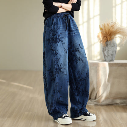 28671-Vintage Floral Print Denim Wide Leg Pants with Drawstring Waist