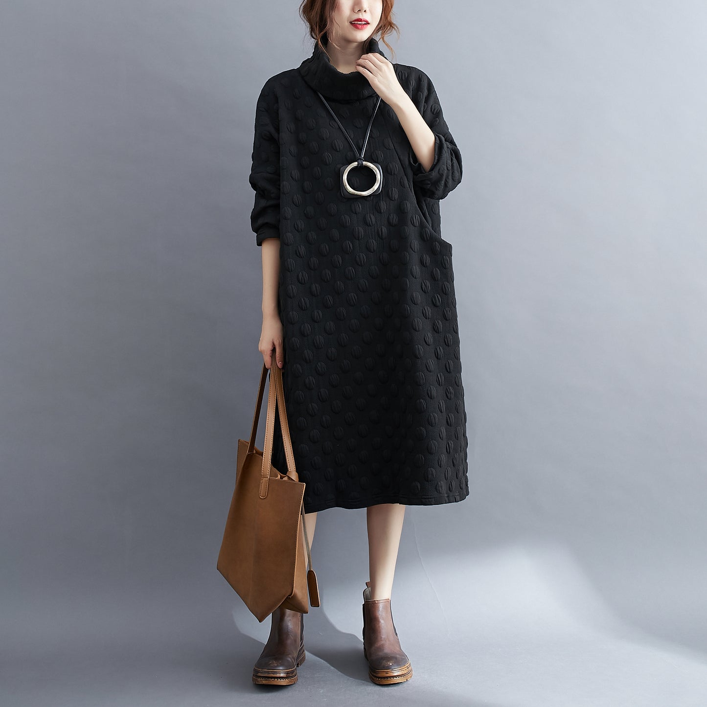 High Collar  Pullover Dress With Pocket