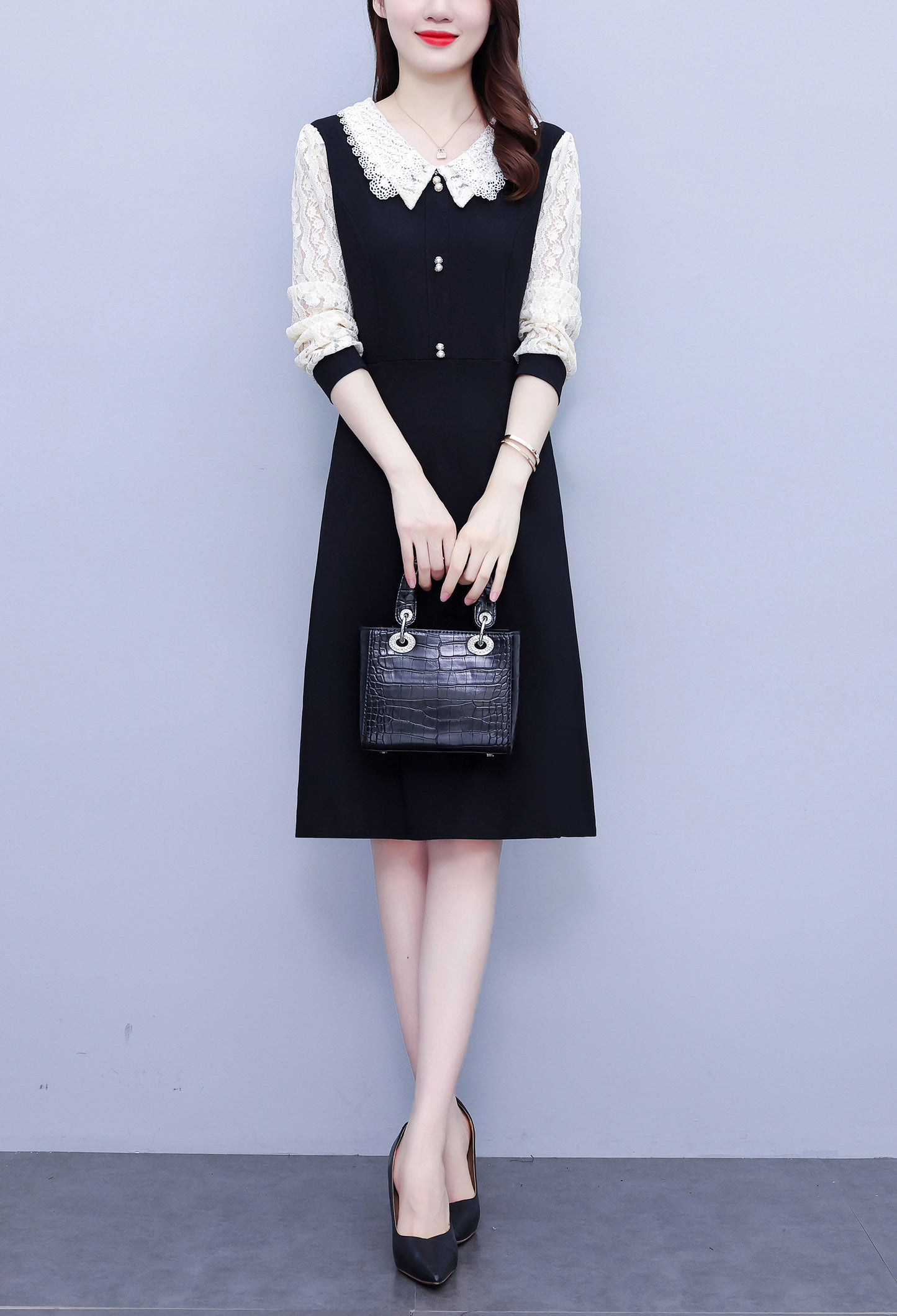 Women's Peter Pan Collar Long Sleeve Pocket Midi Dress