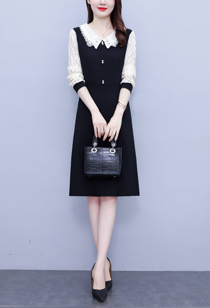 Women's Peter Pan Collar Long Sleeve Pocket Midi Dress