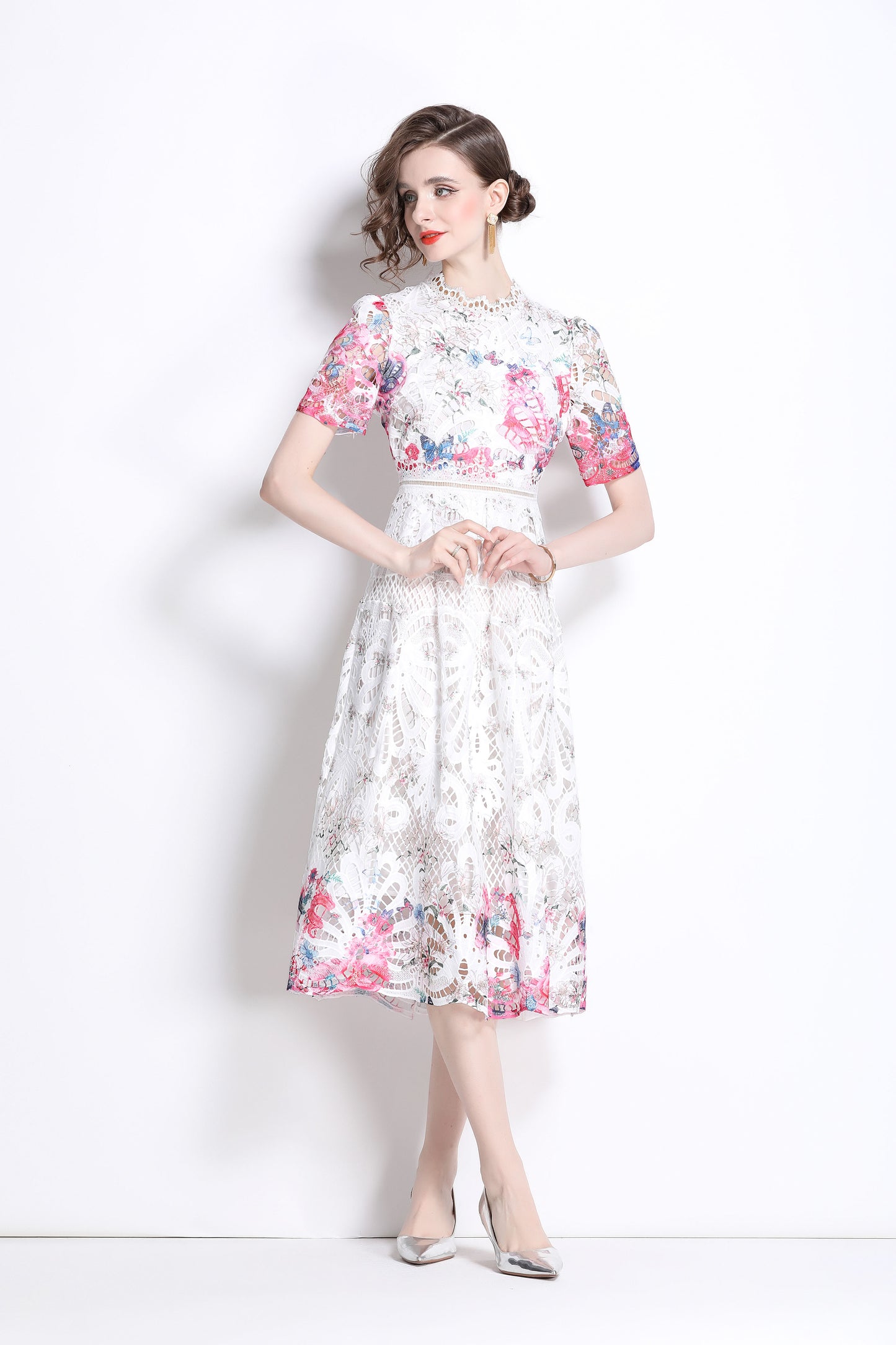 Women's Lace Floral Short Sleeve Crochet Waist Cocktail Midi Dress