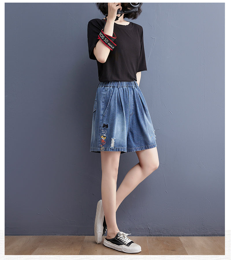 Women's Baggy Pull On Jeans Ripped Denim Shorts - LAI MENG FIVE CATS