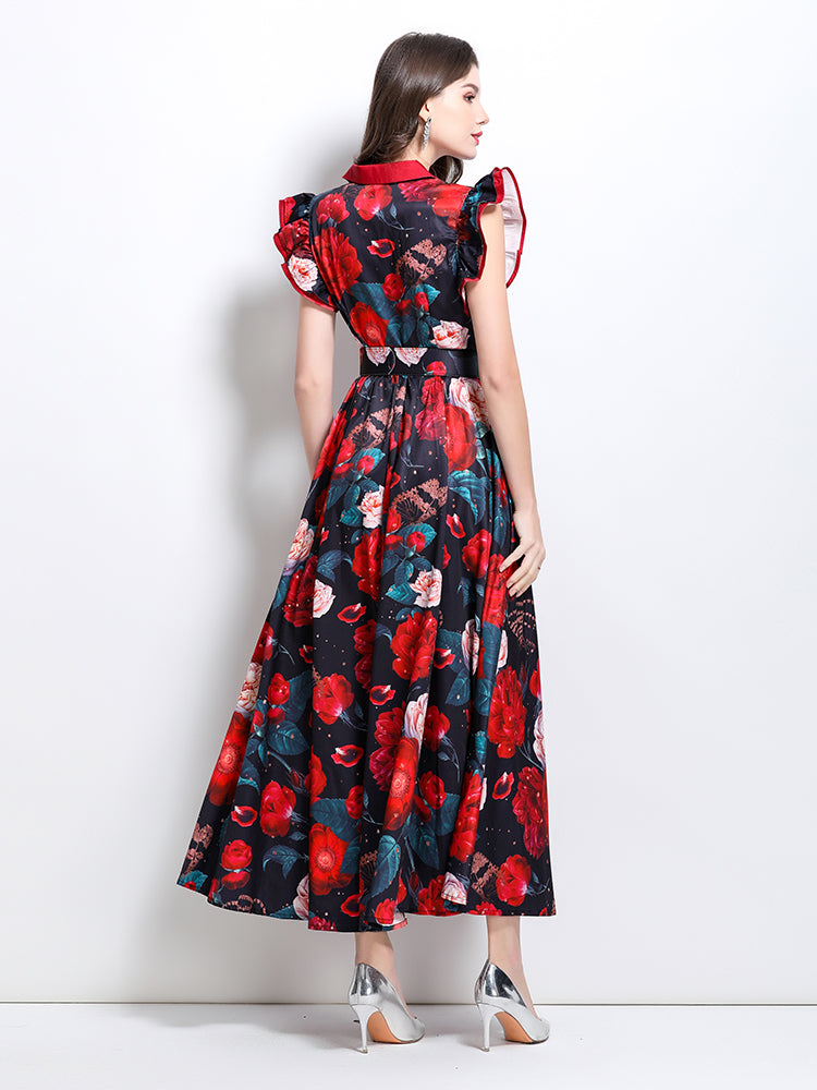 BK-Floral V Neck Sleeveless Ruffles Maxi Dresses