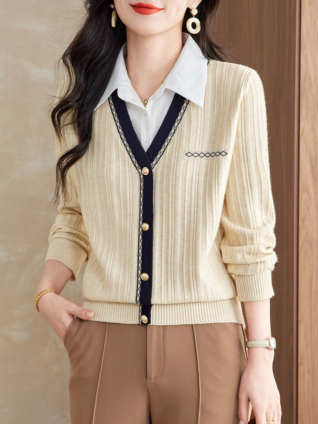 Women's Sweater 2 in 1 Lapel Ribbed Knit Pullover Top