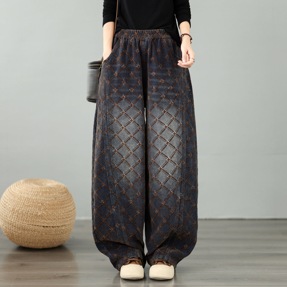 28673-Vintage Plaid Denim Wide Leg Pants with Elastic Waist