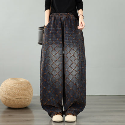 28673-Vintage Plaid Denim Wide Leg Pants with Elastic Waist
