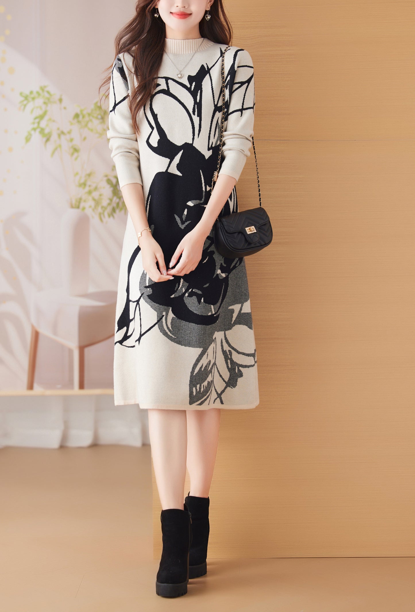Women's Turtleneck Print Pullover Sweater Midi Dress