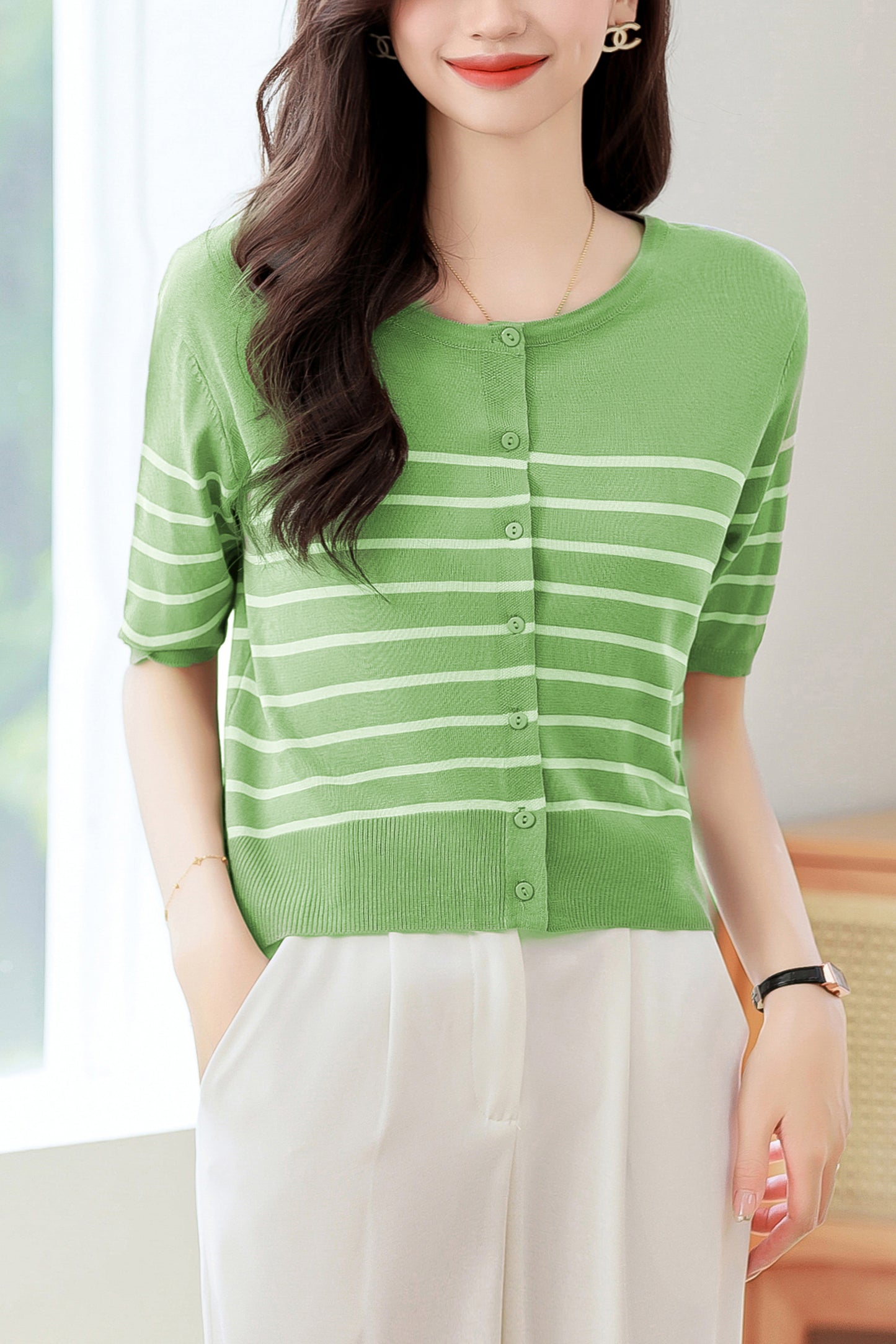 Women's Stripes Short Sleeve Knit Cardigan Tops