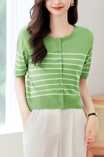 Women's Stripes Short Sleeve Knit Cardigan Tops