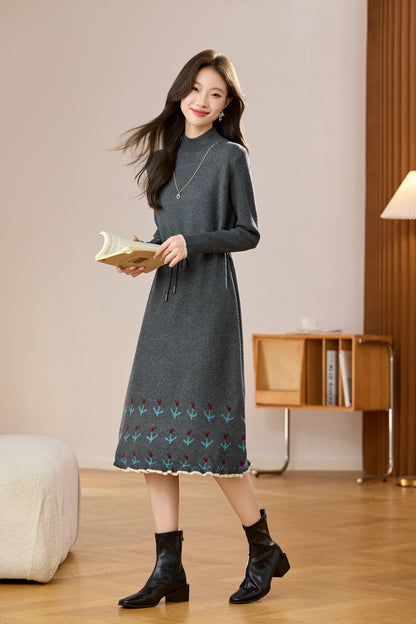 Women's Wool Sweater Drawstring Waist Print Knit Midi Dress