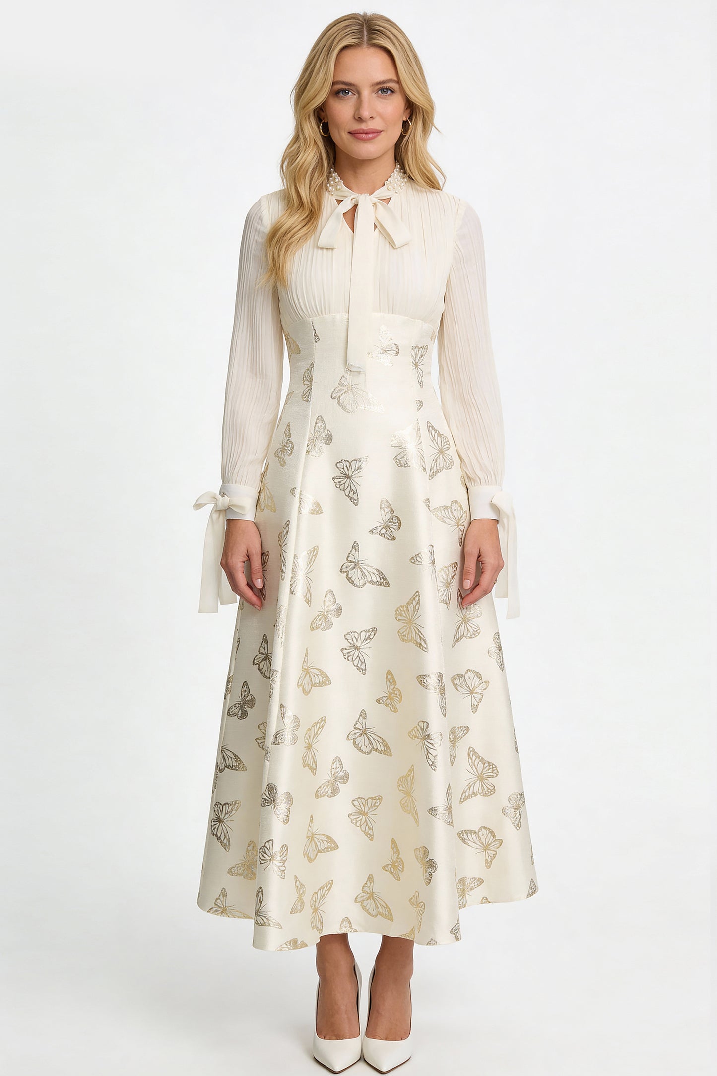 Women's Tie-neck Pleated Top Satin Gilded Party Long Dress - LAI MENG FIVE CATS