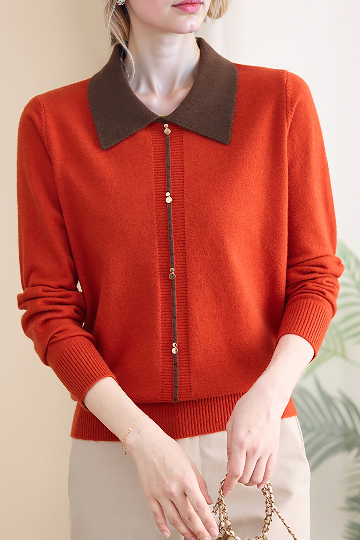 Women's Contrast Collar Cropped Sweater Shirt