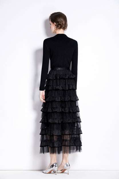 Women's 2 Piece Skirt Set Knit Top Ruffle Layered Skirt