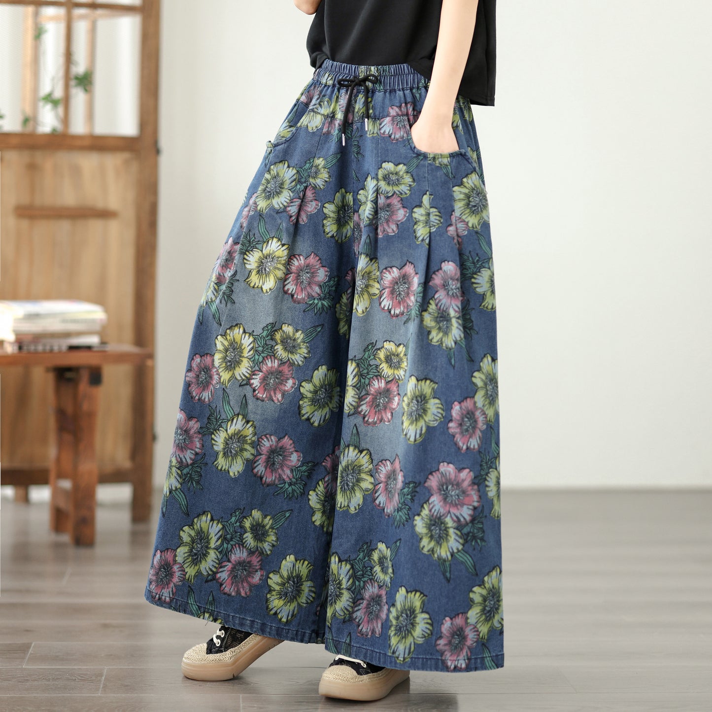 26-Women's Jeans Elastic Waist Baggy Wide Leg Denim