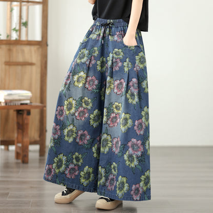 26-Women's Jeans Elastic Waist Baggy Wide Leg Denim