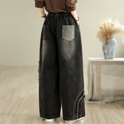 28670-Vintage Black Denim Wide-Leg Pants with Distressed Patch & Drawstring Waist