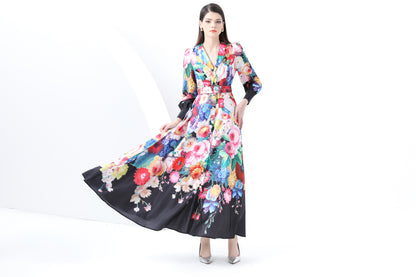 Women's Notch Lapels Puff Sleeve Print Maxi Dress