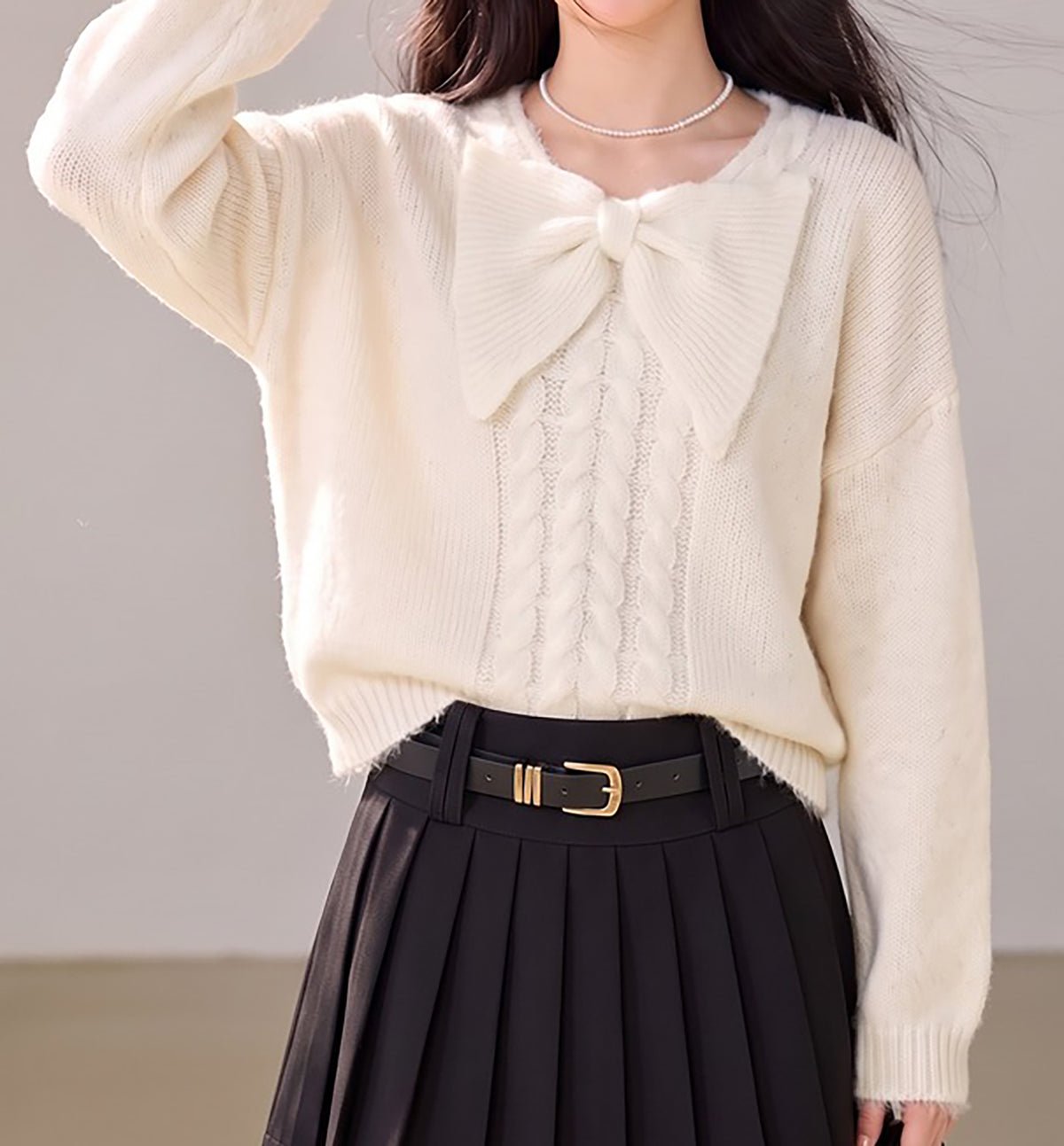 28731 Bow Detail Cable Knit Sweater – Pink & Apricot