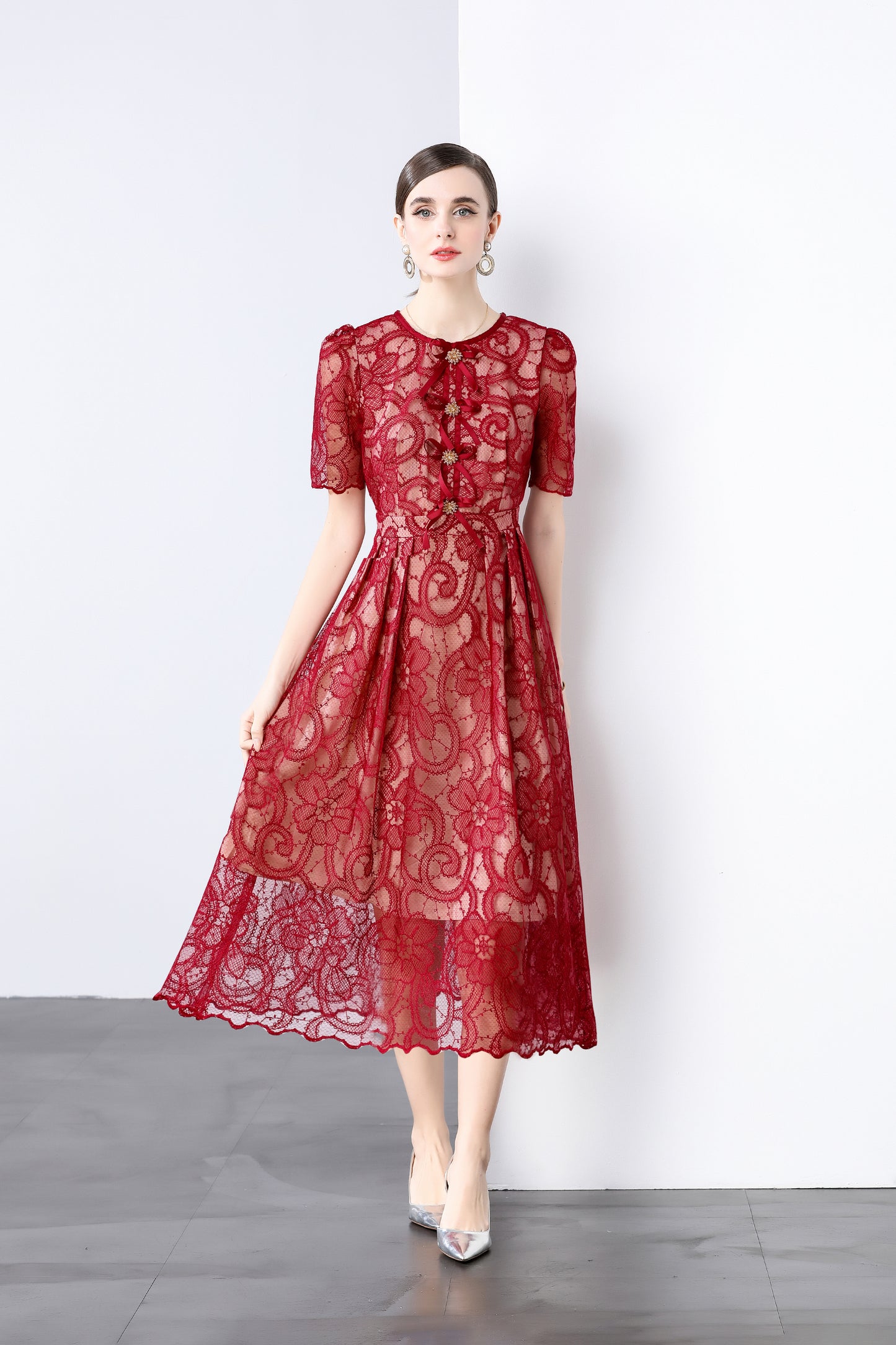 Red Lace Bow Midi Dress – Elegant Romantic Summer Party Dress