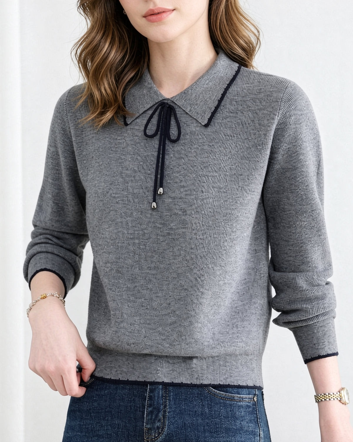 Contrast Trim Bow Collar Knit Top Long Sleeve Soft Sweater