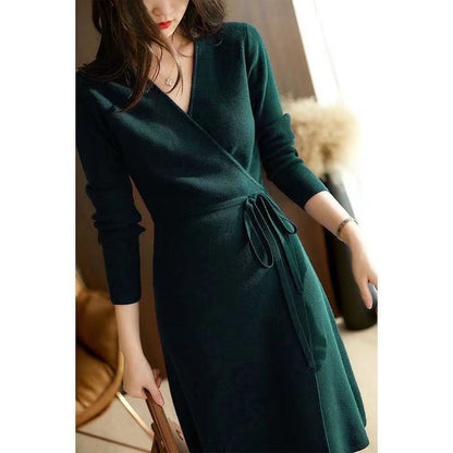 Women's Knit V Neck Sweater Wrap Midi Dress - LAI MENG FIVE CATS