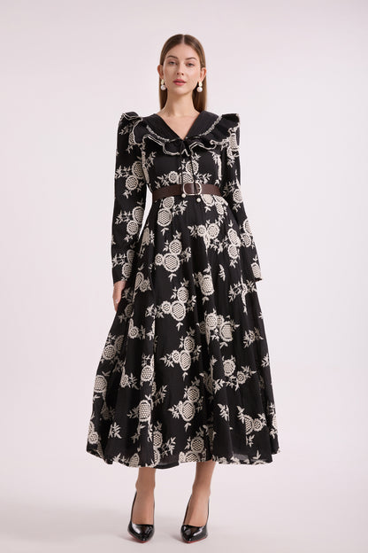 French-Inspired Embroidered Ruffled A-line Maxi Dress
