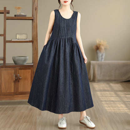 Casual Sleeveless Denim Loose Vest Midi Dress with Pockets