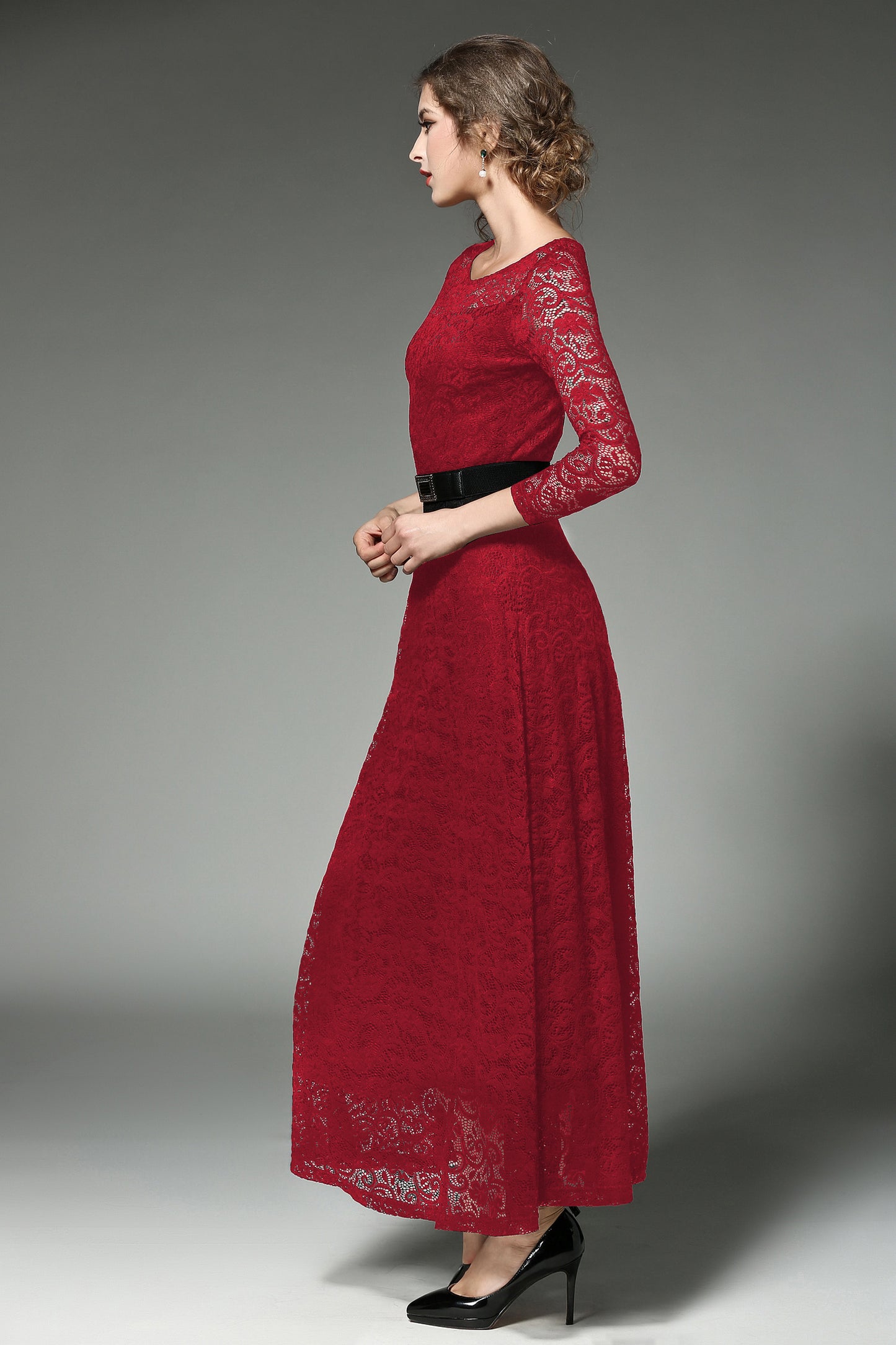 SSY-Women's 3/4 Sleeve Lace Overlay Maxi Dress