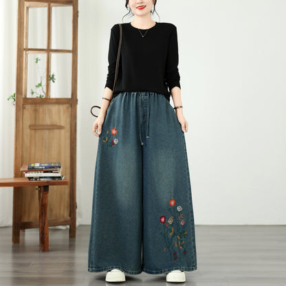 Vintage Embroidered Wide-Leg Jeans with Elastic Waist