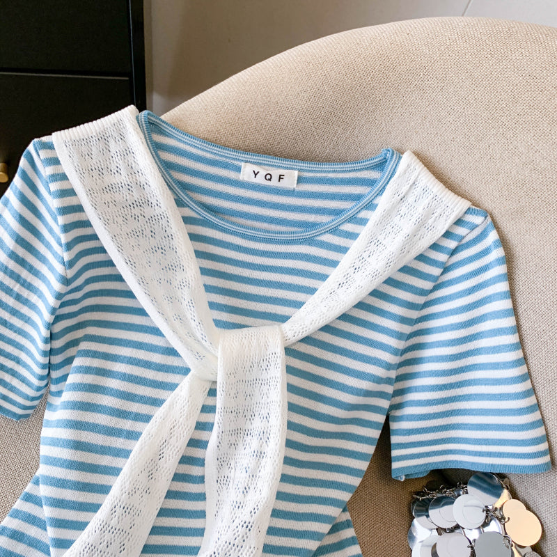 Coastal Stripe Knit Top with Scarf Tie Detail – Lightweight Summer Essential