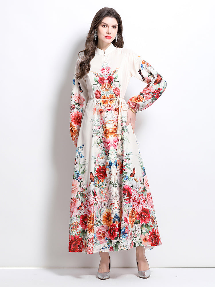 Women's Floral Print Puff Sleeve Split Party Maxi Dress