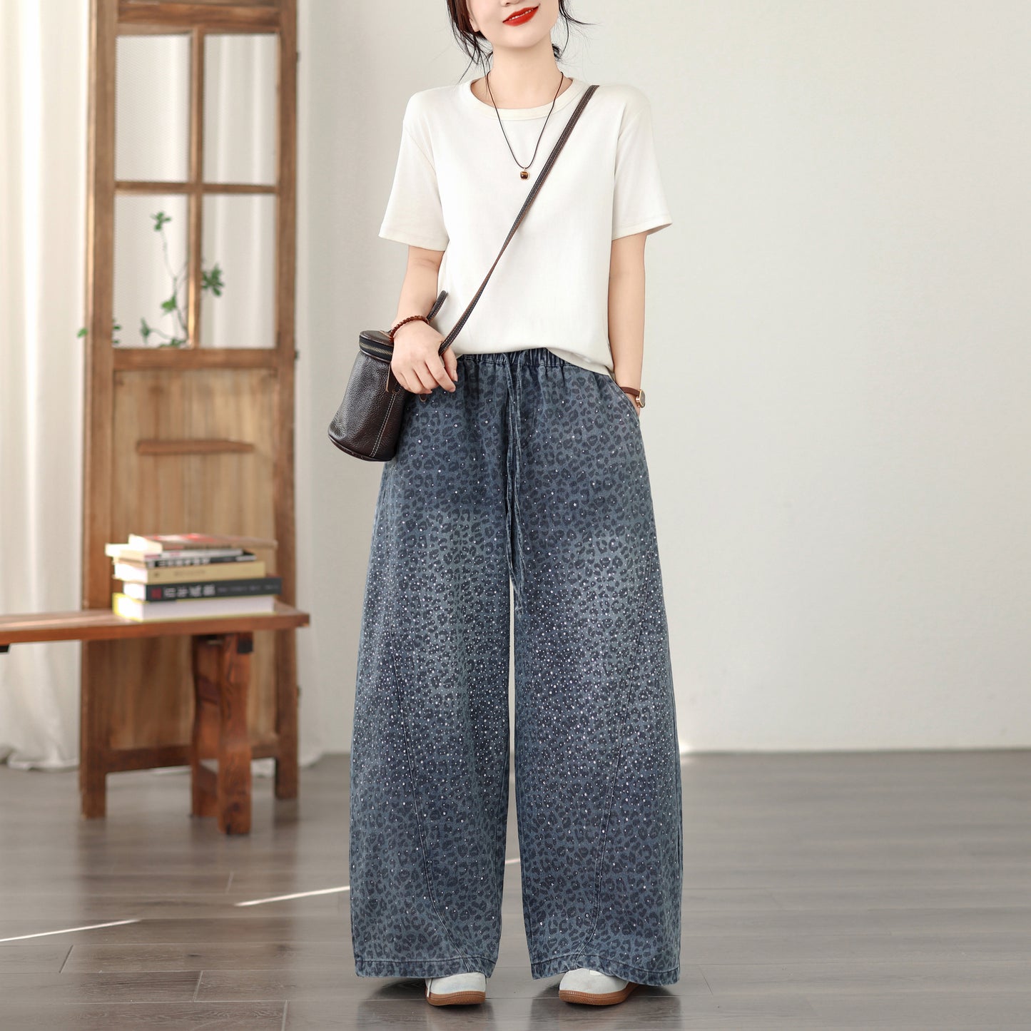 26-Women's Baggy Jeans Elastic Waist Loose Denim Pants - LAI MENG FIVE CATS