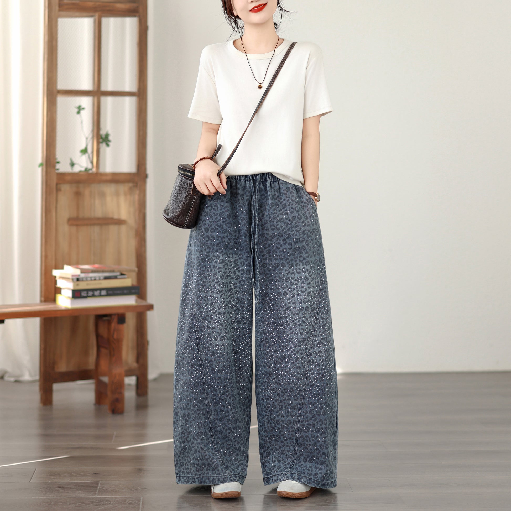 26-Women's Baggy Jeans Elastic Waist Loose Denim Pants - LAI MENG FIVE CATS