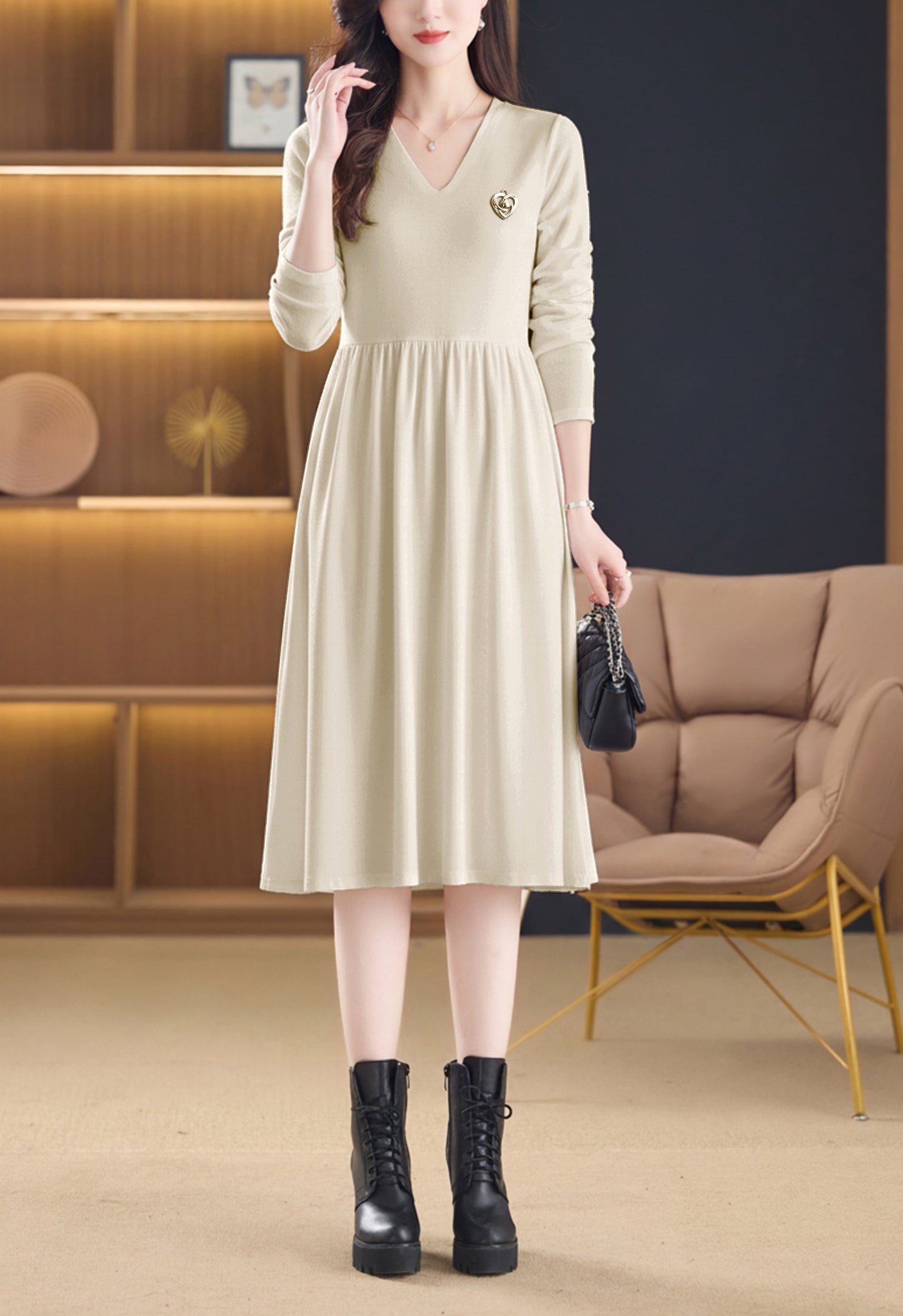 Women's Sweater V Neck Knit  High Waist Midi Dress
