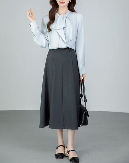 Light Blue Satin Tie-Neck Long Sleeve Blouse
