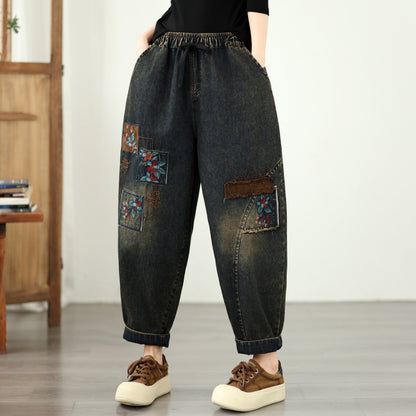 Vintage Embroidered Patchwork Denim Harem Pants