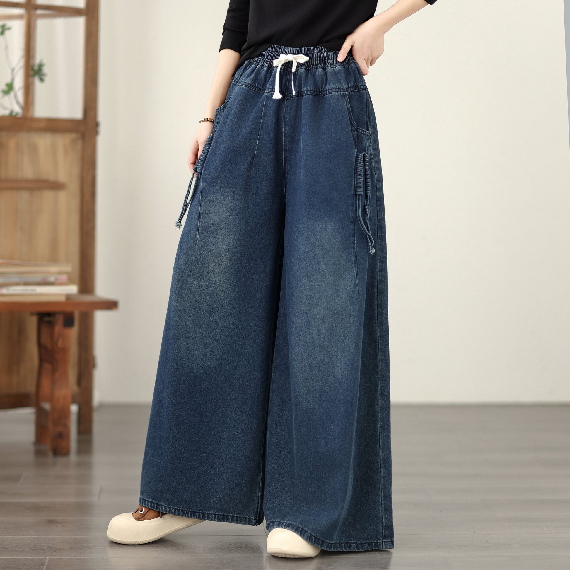 Jeans for Women Wide Leg Pull On Elastic Waist Denim - LAI MENG FIVE CATS