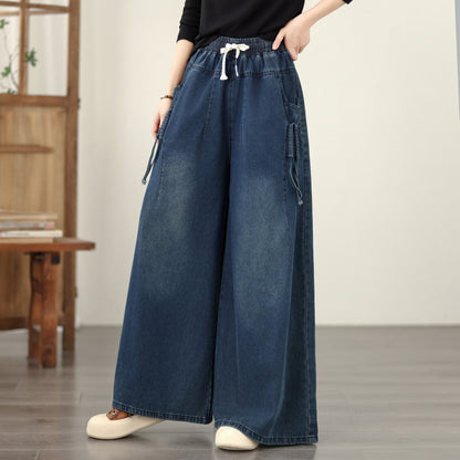 Jeans for Women Wide Leg Pull On Elastic Waist Denim - LAI MENG FIVE CATS