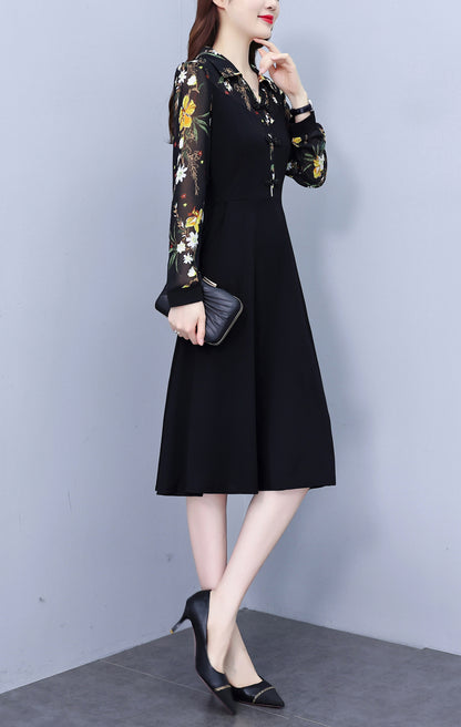 Women's V-Neck Long Sleeve with Pockets Black Dress - LAI MENG FIVE CATS