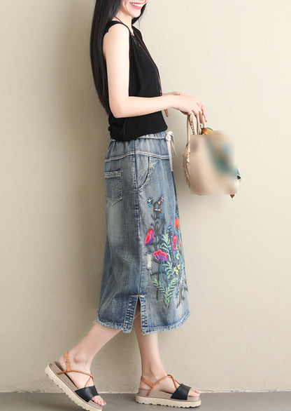 Embroidered Floral Denim Midi Skirt