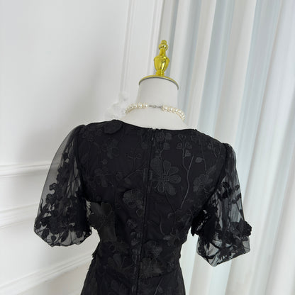 Black Floral Embroidered V-neck Mini Dress