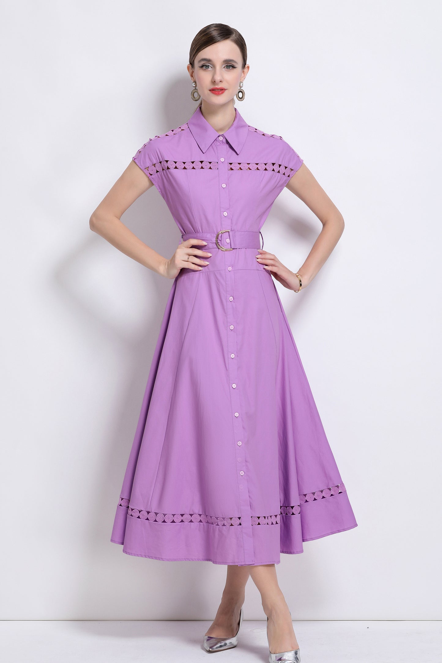 Women's Collar Hollow Cap Sleeve Midi Dress