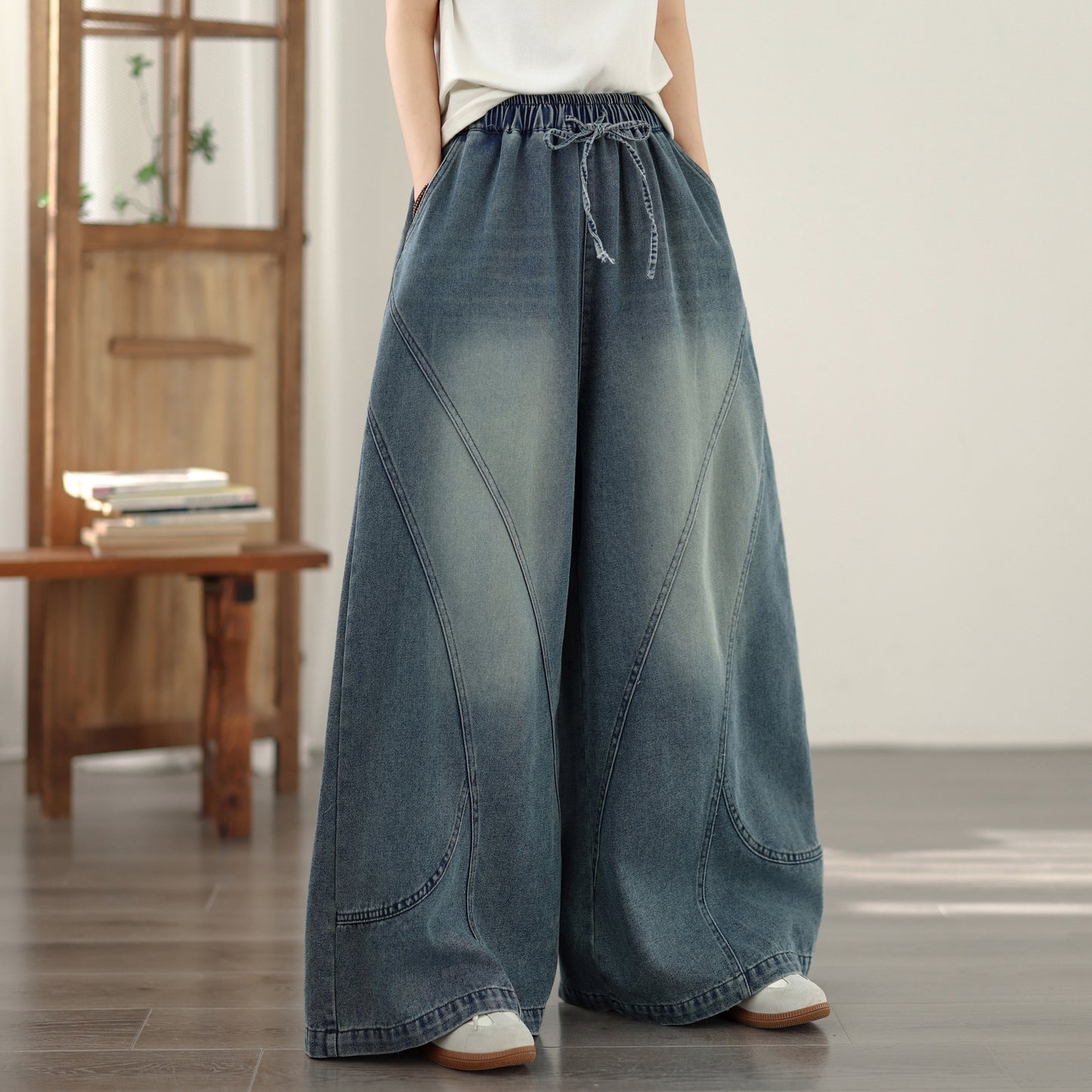Jeans for Women Wide Leg Pull On Elastic Waist Denim - LAI MENG FIVE CATS