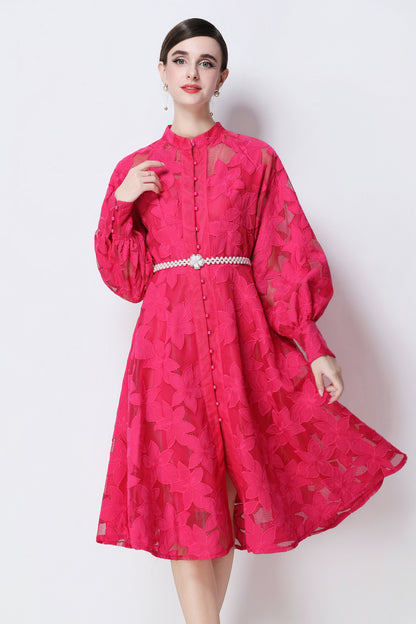 Women's Long Sleeve Eyelet Embroidery Button Midi Dress