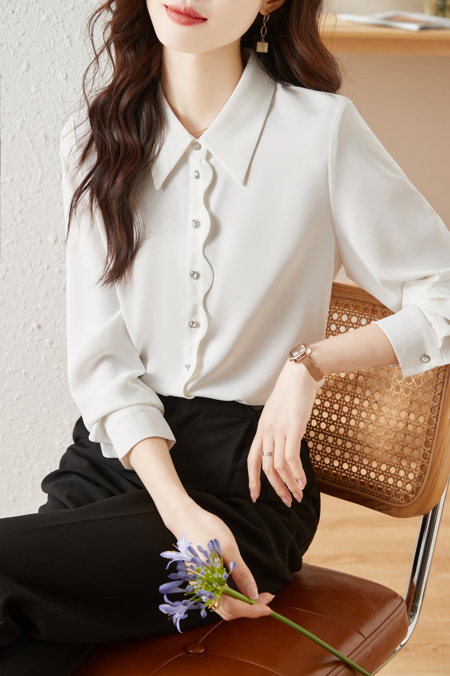 Women's V Neck Lantern Sleeve Blouse Button Tops