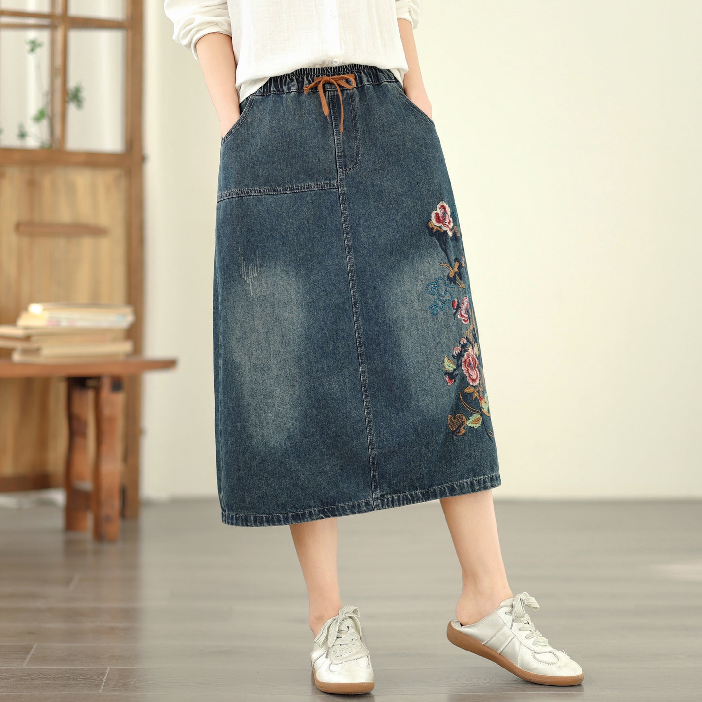 Women's Denim Drawstring Waist Pockets Jean Skirt