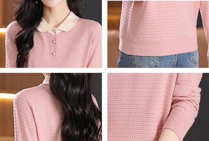 Long-Sleeve Knit Top — Polo Sweater Contrast Collar & Pearl Buttons