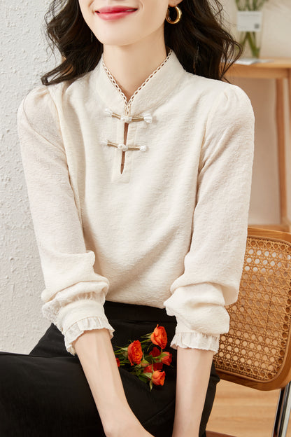 Women's Silk Satin Mandarin Collar Long Sleeve Blouse Top - LAI MENG FIVE CATS