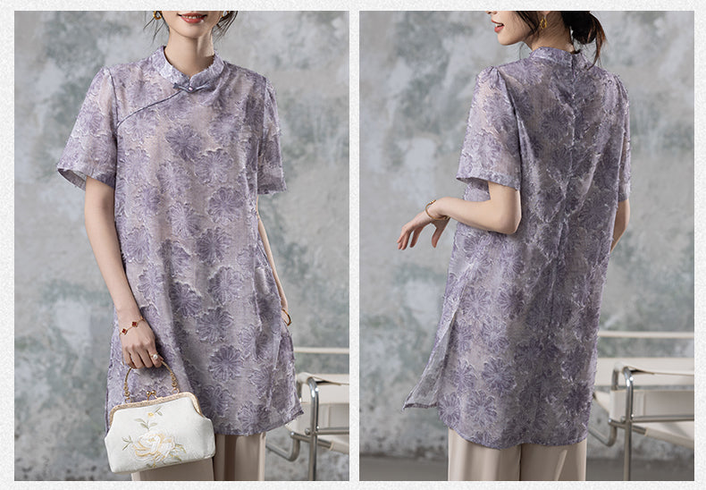 Women's Short Sleeve Button Print Qipao Satin Blouse